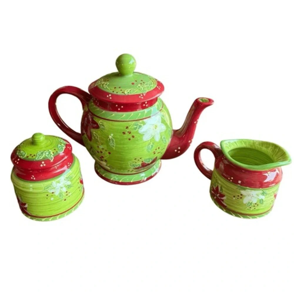 Holly Christmas 3 Pc Tea Set Romancing Provence Collections 2008 Creamer & Sugar